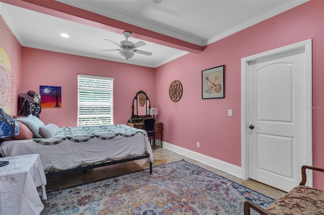 bedroom featuring baseboards, recessed lighting, ceiling fan, and crown molding