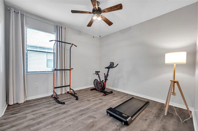 workout room featuring baseboards, wood finished floors, and ceiling fan