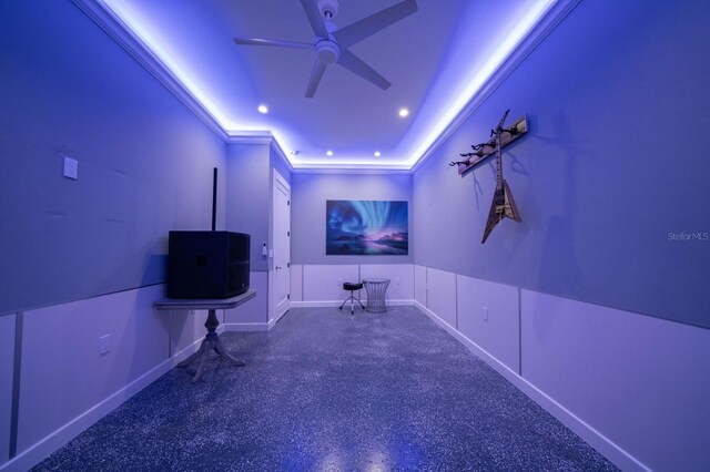 3986 Bennett Ln, Bonita Springs, FL 34134 - cinema with recessed lighting, ornamental molding, baseboards, speckled floor, and a ceiling fan
