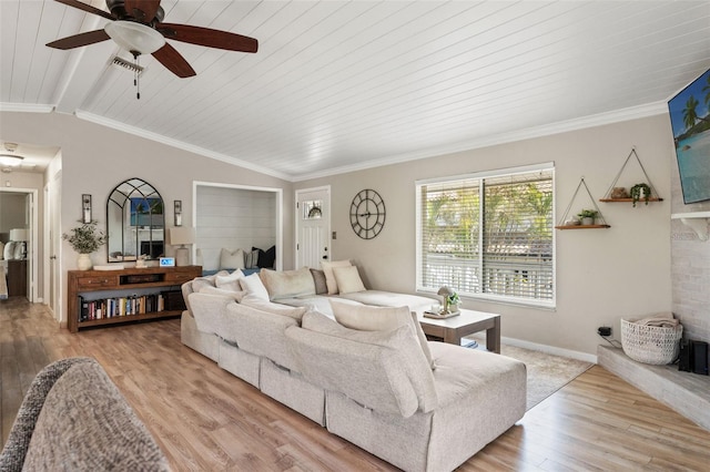 living room with crown molding, light wood finished floors, lofted ceiling with beams, baseboards, and ceiling fan