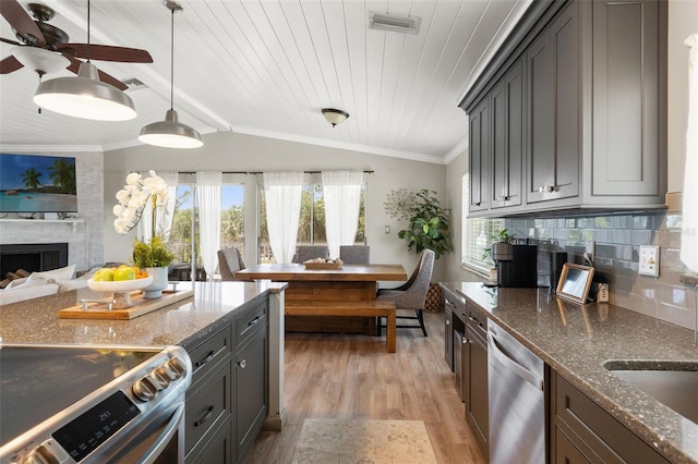 kitchen with crown molding, light wood finished floors, stainless steel appliances, vaulted ceiling, and backsplash