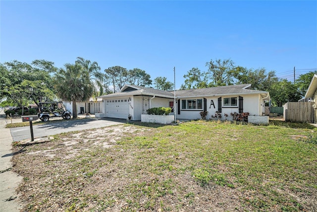 single story home featuring stucco siding, driveway, a garage, and fence