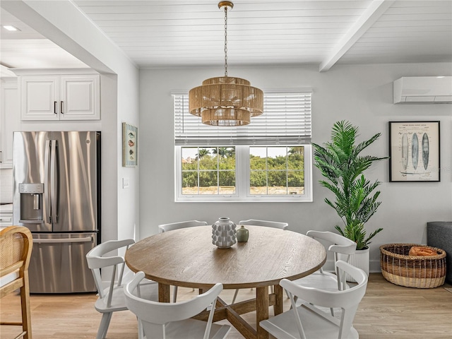 4215 Saltwater Pearl Way, Cortez, FL 34215 - dining space with a wall mounted AC, light wood-type flooring, a chandelier, and a wood ceiling with exposed beams