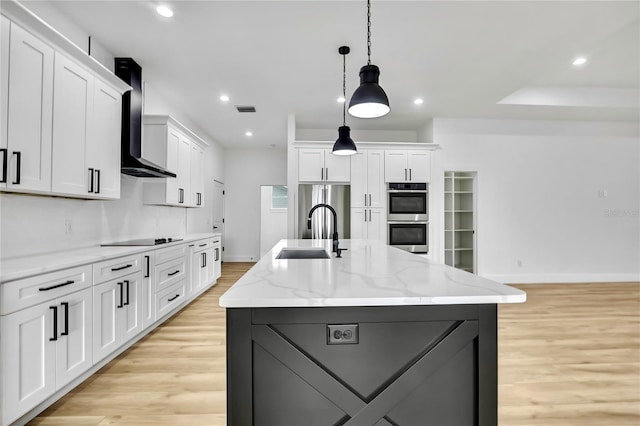 kitchen with stainless steel appliances, a center island with sink, a sink, visible vents, and wall chimney exhaust hood