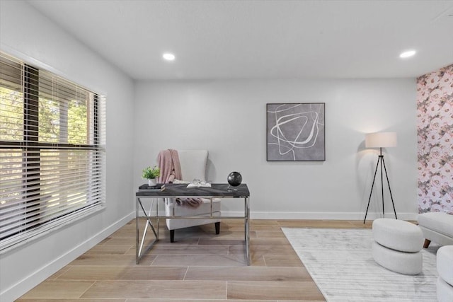 home office with wood finished floors, baseboards, and recessed lighting