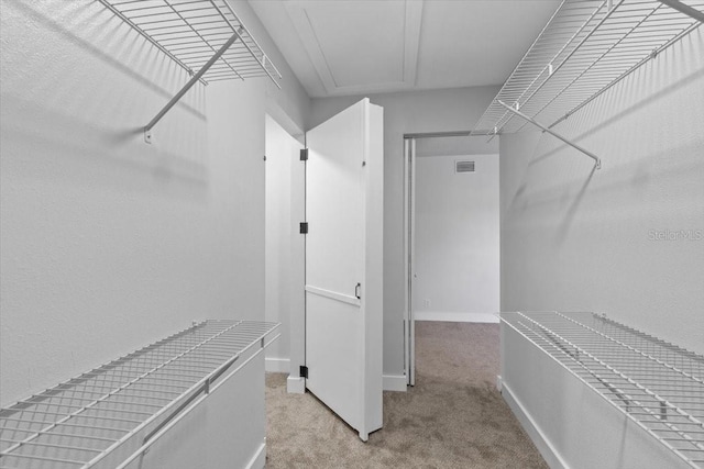 spacious closet featuring attic access, light colored carpet, and visible vents