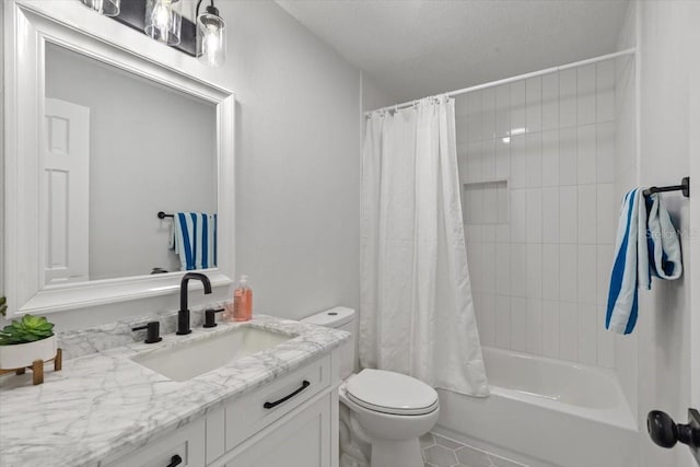 bathroom featuring tile patterned flooring, shower / bathtub combination with curtain, vanity, and toilet