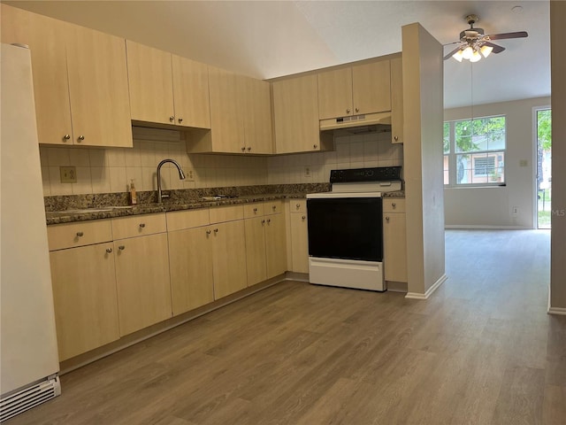 8804 Briar Hollow Ct, Tampa, FL 33634 - kitchen featuring backsplash, light wood-type flooring, electric stove, white fridge, and under cabinet range hood