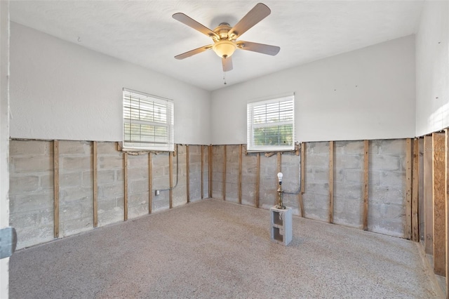 below grade area featuring wainscoting, ceiling fan, and carpet