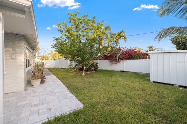 view of yard with a fenced backyard, an outbuilding, a patio area, and a storage shed