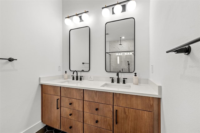 8720 Drummer Plank Dr, Wesley Chapel, FL 33545 - bathroom featuring a walk in shower, double vanity, baseboards, and a sink
