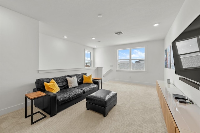 8720 Drummer Plank Dr, Wesley Chapel, FL 33545 - living room featuring recessed lighting, baseboards, visible vents, and light carpet