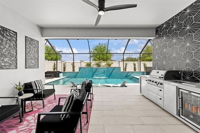 8720 Drummer Plank Dr, Wesley Chapel, FL 33545 - view of patio featuring an outdoor kitchen, a fenced in pool, a ceiling fan, an outdoor living space, and glass enclosure