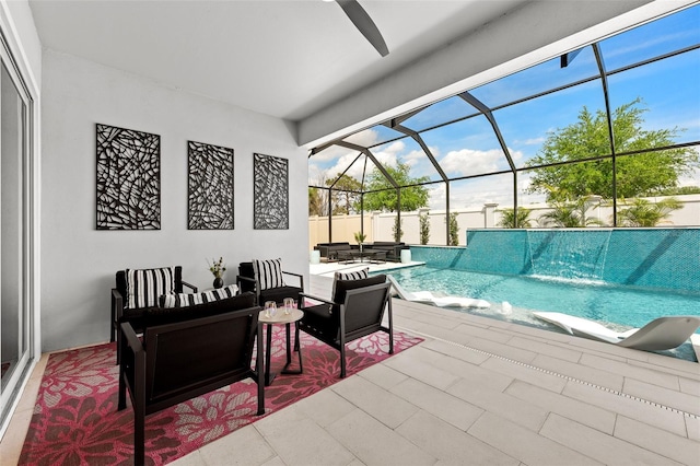 8720 Drummer Plank Dr, Wesley Chapel, FL 33545 - view of patio / terrace featuring a fenced in pool, a lanai, an outdoor hangout area, and a hot tub