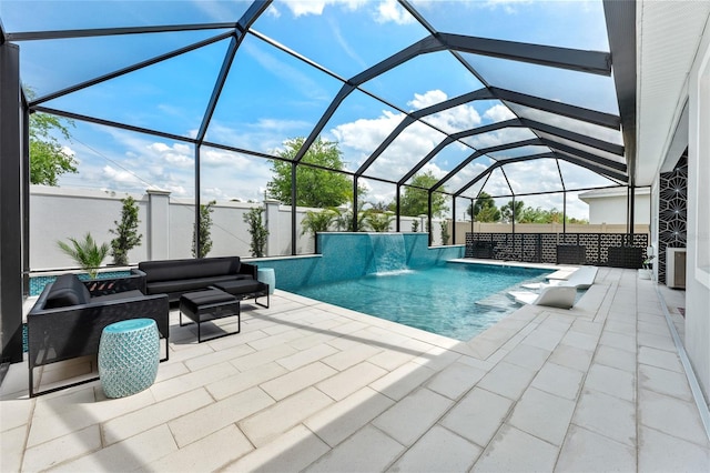 8720 Drummer Plank Dr, Wesley Chapel, FL 33545 - view of swimming pool with an outdoor living space, glass enclosure, a fenced in pool, and a patio