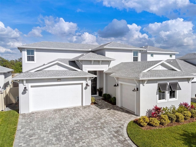 8720 Drummer Plank Dr, Wesley Chapel, FL 33545 - view of front of home with decorative driveway, an attached garage, roof with shingles, and stucco siding