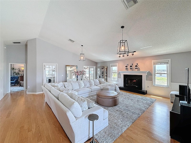 living area with light wood-style floors, healthy amount of natural light, a textured ceiling, lofted ceiling, and baseboards