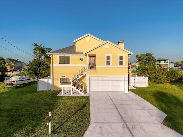 4116 Diaz Ct, Hernando Beach, FL 34607 - raised beach house featuring stucco siding, a garage, concrete driveway, a chimney, and stairs