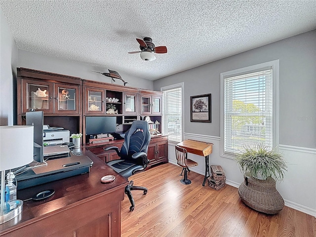 4116 Diaz Ct, Hernando Beach, FL 34607 - office area with ceiling fan, a textured ceiling, light wood finished floors, and healthy amount of natural light