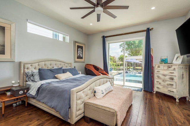 182 E Canal Dr, Palm Harbor, FL 34684 - bedroom featuring dark wood-type flooring, access to exterior, ceiling fan, and recessed lighting
