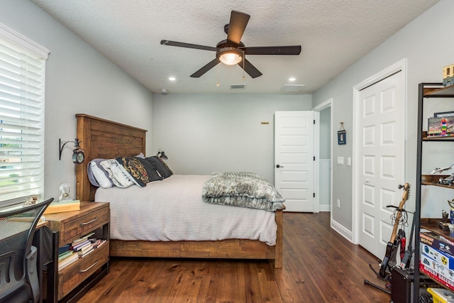 182 E Canal Dr, Palm Harbor, FL 34684 - bedroom featuring recessed lighting, a textured ceiling, a ceiling fan, visible vents, and dark wood finished floors