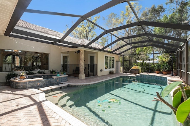 3607 Berger Rd, Lutz, FL 33548 - view of swimming pool with ceiling fan, a patio area, a lanai, and a pool with connected hot tub