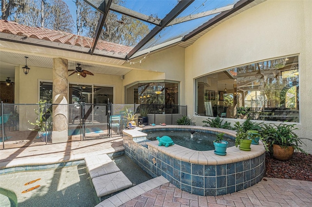 3607 Berger Rd, Lutz, FL 33548 - view of pool with an outdoor hot tub, a ceiling fan, and a patio area