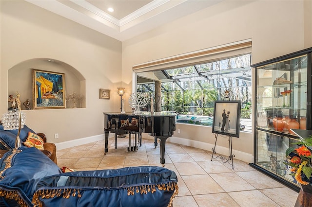 3607 Berger Rd, Lutz, FL 33548 - living area featuring ornamental molding, tile patterned floors, recessed lighting, a sunroom, and a high ceiling
