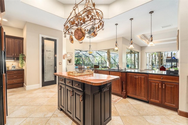 3607 Berger Rd, Lutz, FL 33548 - kitchen with plenty of natural light, a center island, a raised ceiling, and hanging light fixtures