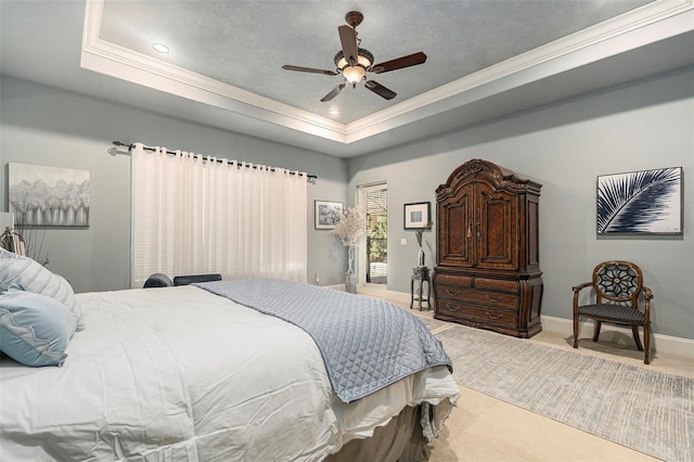 3607 Berger Rd, Lutz, FL 33548 - bedroom featuring a tray ceiling, crown molding, light colored carpet, ceiling fan, and recessed lighting