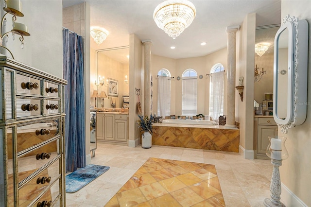 3607 Berger Rd, Lutz, FL 33548 - full bathroom featuring a garden tub, vanity, tile patterned flooring, and a chandelier