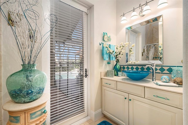 3607 Berger Rd, Lutz, FL 33548 - full bathroom with vanity, tasteful backsplash, and a shower