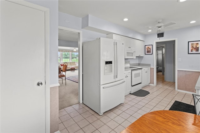 733 Ojai Ave, Sun City Center, FL 33573 - kitchen featuring white appliances, white cabinetry, light tile patterned floors, a ceiling fan, and light countertops