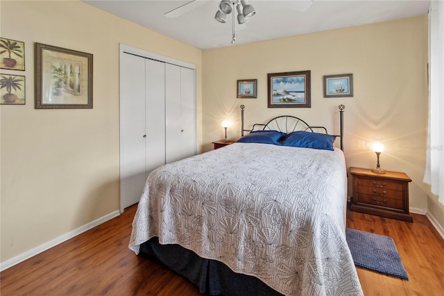 733 Ojai Ave, Sun City Center, FL 33573 - bedroom featuring a closet, wood finished floors, and ceiling fan