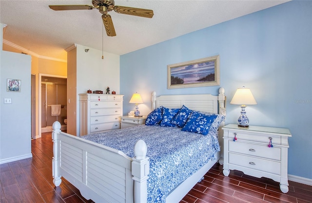 7872 Sailboat Key Blvd S Unit 404, South Pasadena, FL 33707 - bedroom featuring wood tiled floors, baseboards, a textured ceiling, ornamental molding, and a ceiling fan