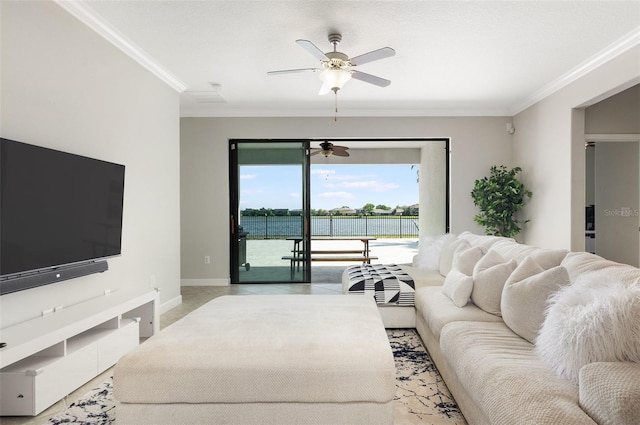10008 Celtic Ash Dr, Ruskin, FL 33573 - living room featuring crown molding and a ceiling fan