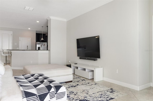 10008 Celtic Ash Dr, Ruskin, FL 33573 - living room with ornamental molding, recessed lighting, and light tile patterned flooring