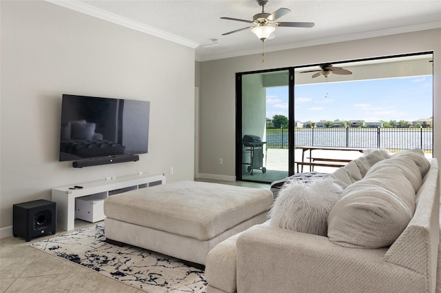 10008 Celtic Ash Dr, Ruskin, FL 33573 - living room with ornamental molding, ceiling fan, and a water view