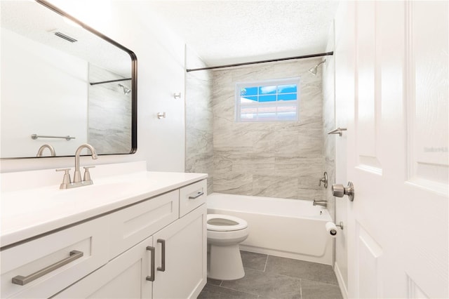 bathroom with a textured ceiling, visible vents, toilet, vanity, and bathing tub / shower combination