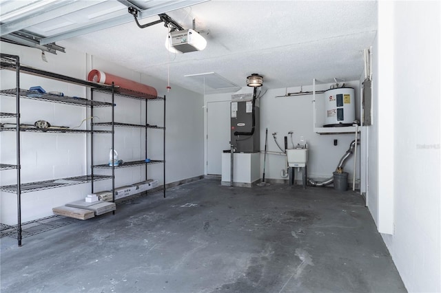 garage with water heater, a garage door opener, and a sink