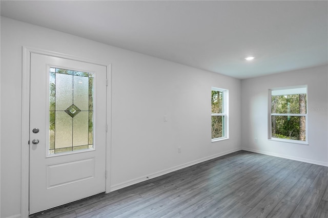 foyer with baseboards and wood finished floors