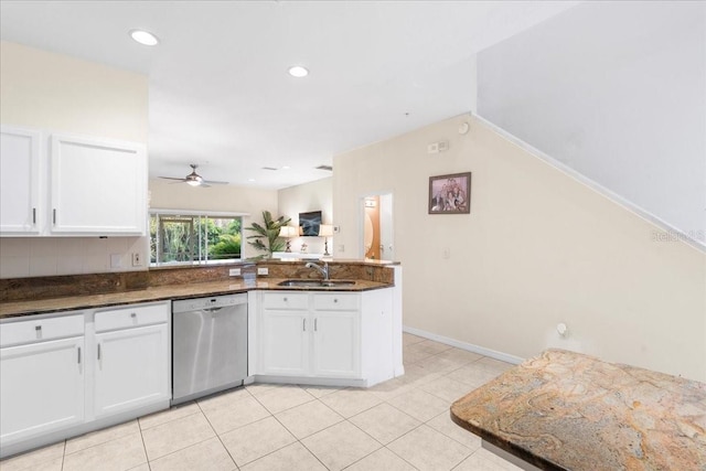 11260 Kapok Grand Cir, Madeira Beach, FL 33708 - kitchen featuring a sink, white cabinets, ceiling fan, and dishwasher