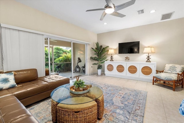 11260 Kapok Grand Cir, Madeira Beach, FL 33708 - living area featuring recessed lighting, tile patterned floors, visible vents, and a ceiling fan