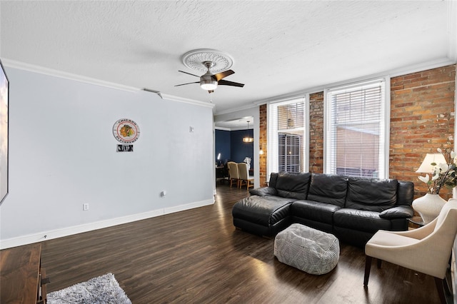 215 Central Ave Unit 4F, Saint Petersburg, FL 33701 - living area with baseboards, ornamental molding, brick wall, ceiling fan, and wood finished floors