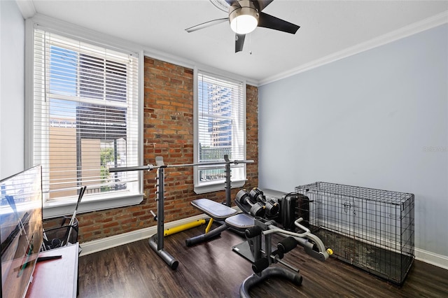215 Central Ave Unit 4F, Saint Petersburg, FL 33701 - exercise room with baseboards, a ceiling fan, crown molding, and wood finished floors