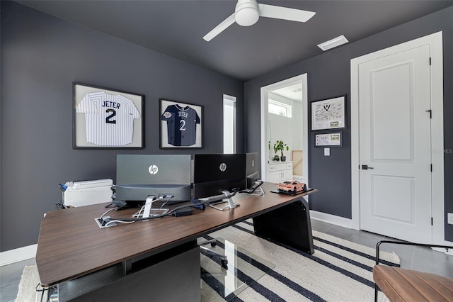 office space featuring visible vents, baseboards, and a ceiling fan