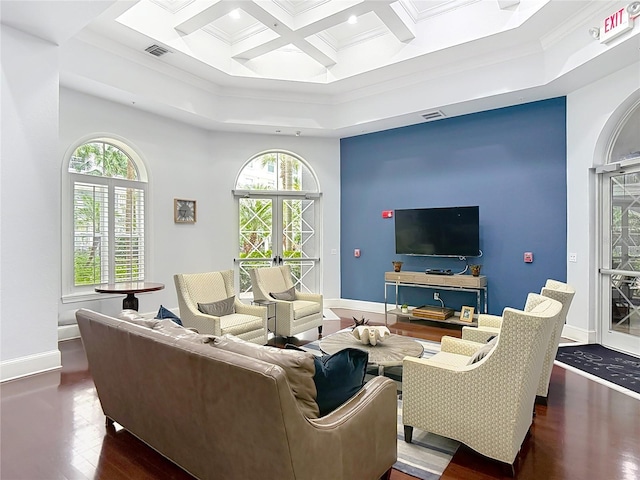 700 S Harbour Island Blvd Unit 143, Tampa, FL 33602 - living area with baseboards, a towering ceiling, wood finished floors, and coffered ceiling