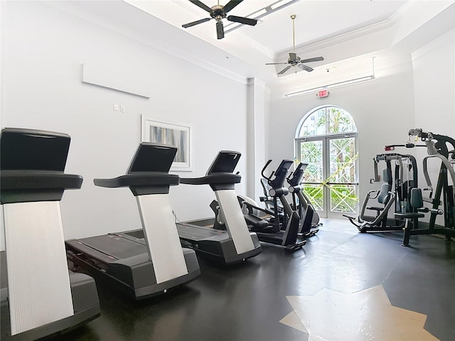700 S Harbour Island Blvd Unit 143, Tampa, FL 33602 - gym featuring a tray ceiling, ceiling fan, ornamental molding, and a towering ceiling