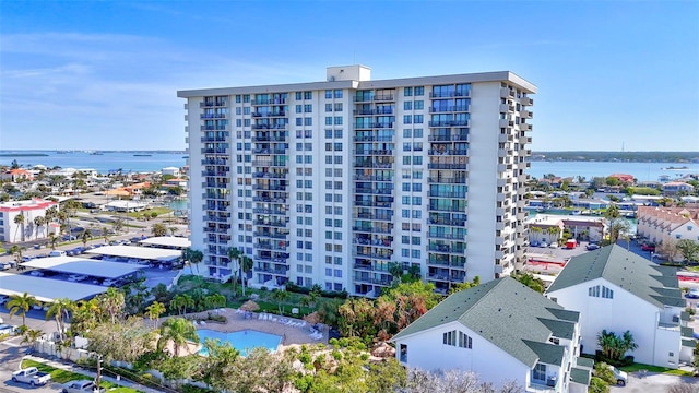 view of building exterior featuring a water view