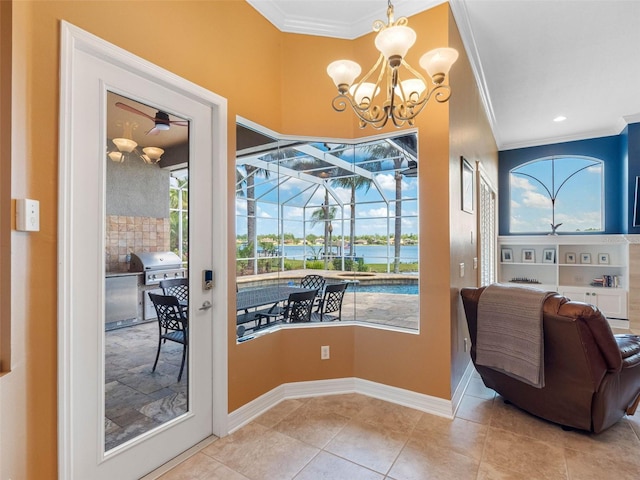entryway featuring tile patterned floors, crown molding, a chandelier, a sunroom, and baseboards